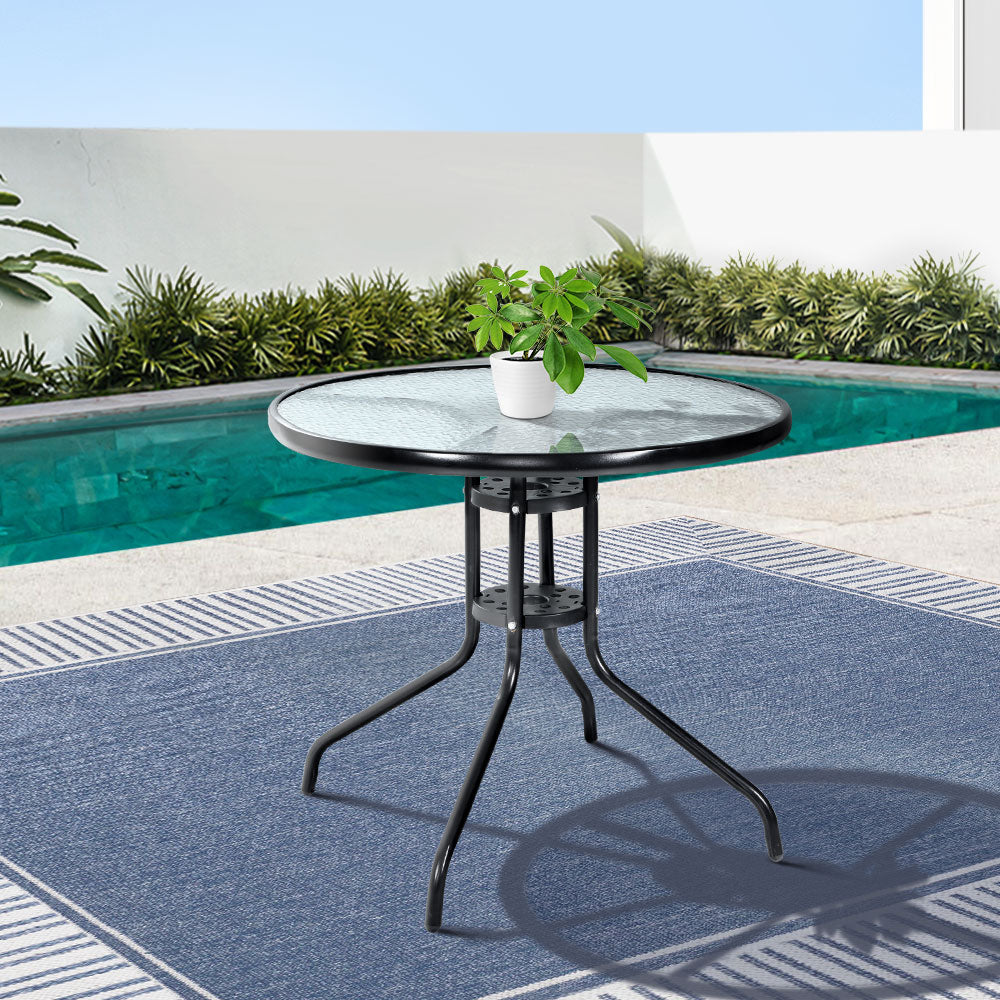 Outdoor Bistro 70CM Round Dining Table Bar Setting - Steel & Glass - Homecoze