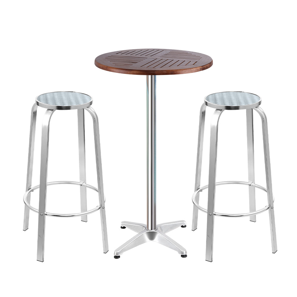 3 PC Round Aluminum & Wood Bar Stool & Table Set for Indoor or Outdoors Homecoze