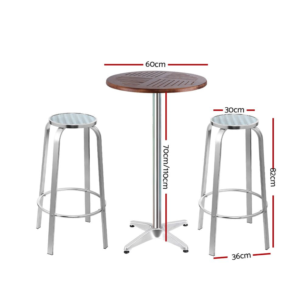 3 PC Round Aluminum & Wood Bar Stool & Table Set for Indoor or Outdoors Homecoze