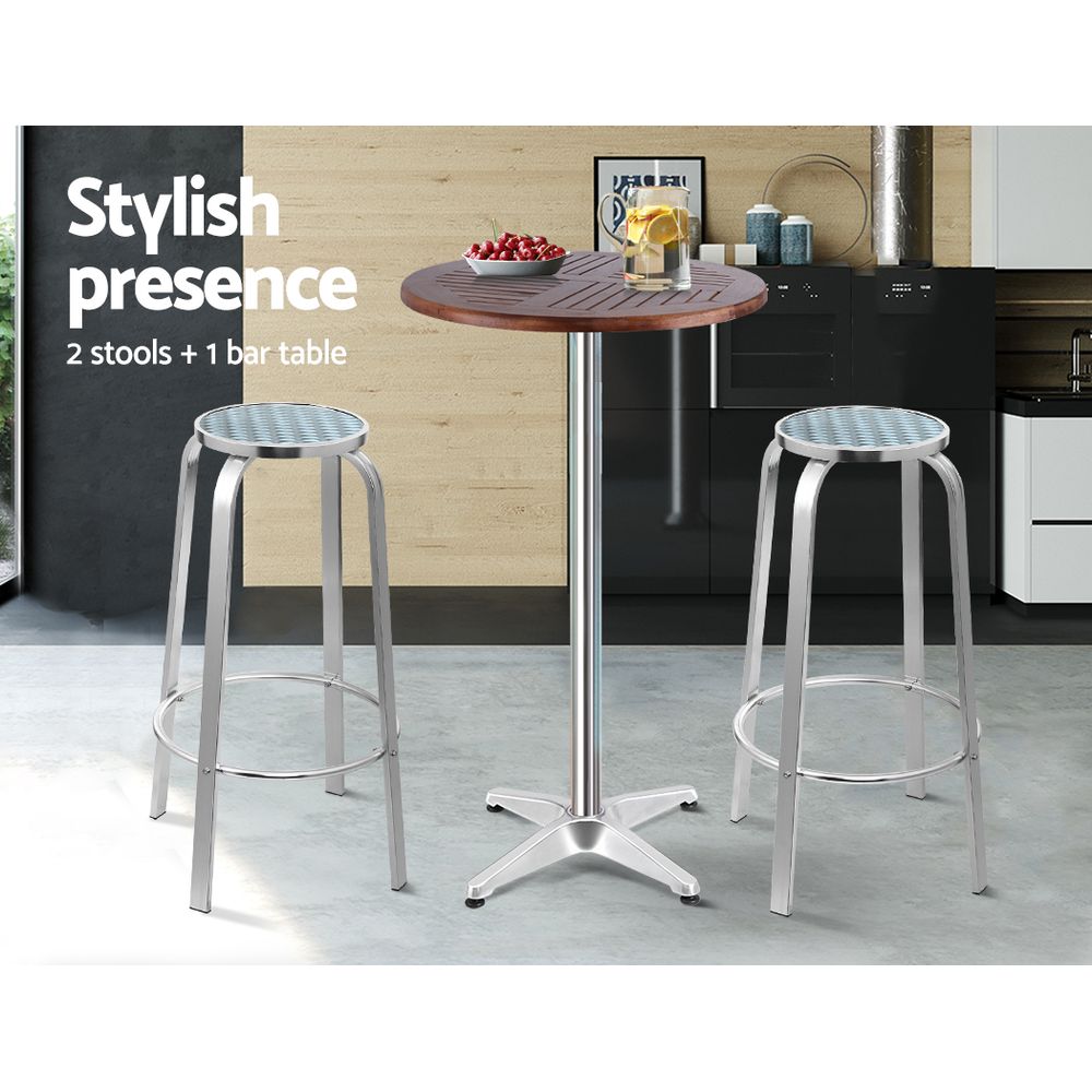 3 PC Round Aluminum & Wood Bar Stool & Table Set for Indoor or Outdoors Homecoze
