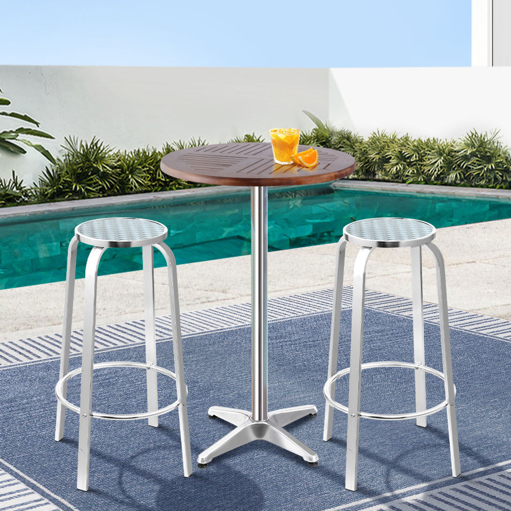 3 PC Round Aluminum & Wood Bar Stool & Table Set for Indoor or Outdoors Homecoze