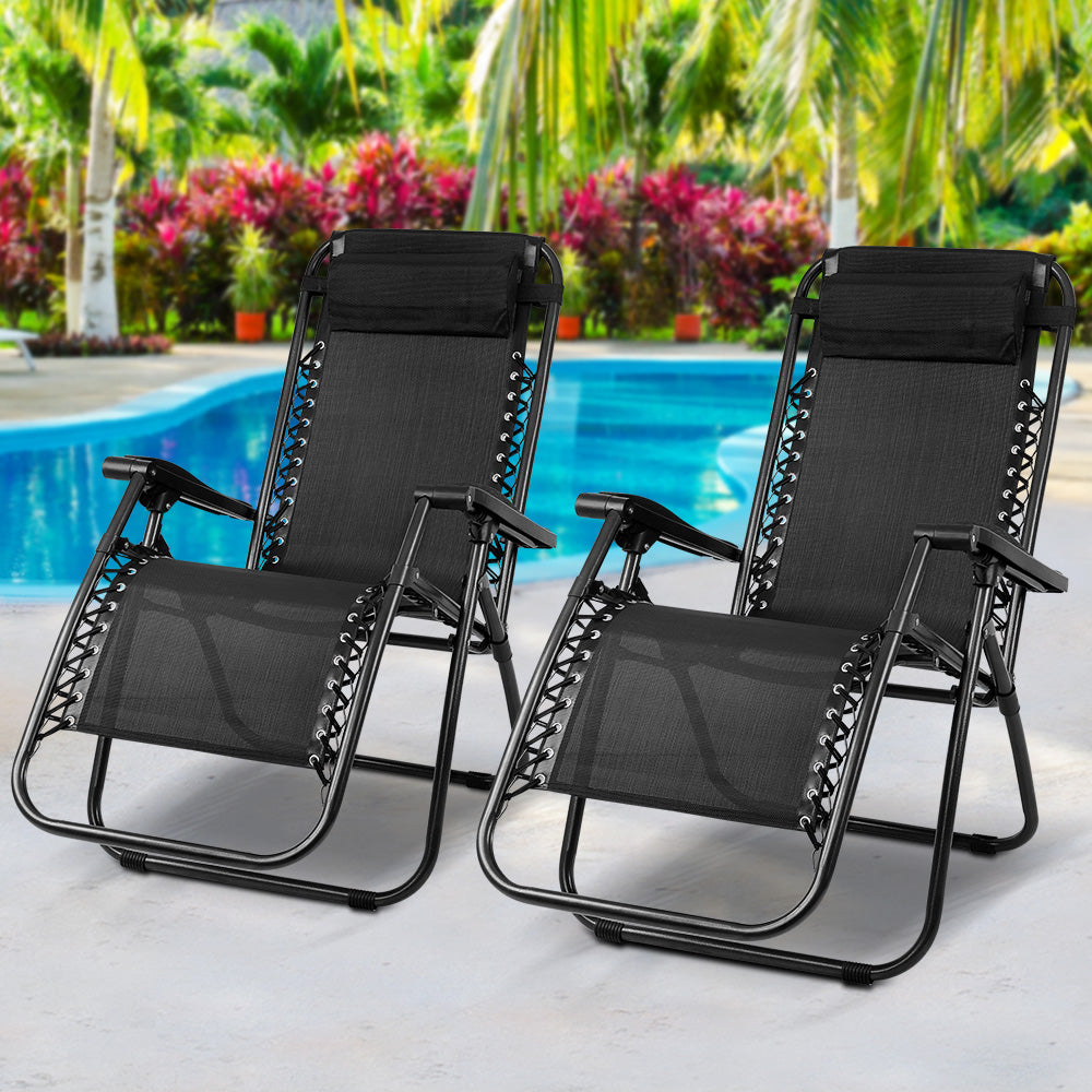 Set of 2 Zero Gravity Reclining Sun Lounge Sofa Chair - Black Homecoze