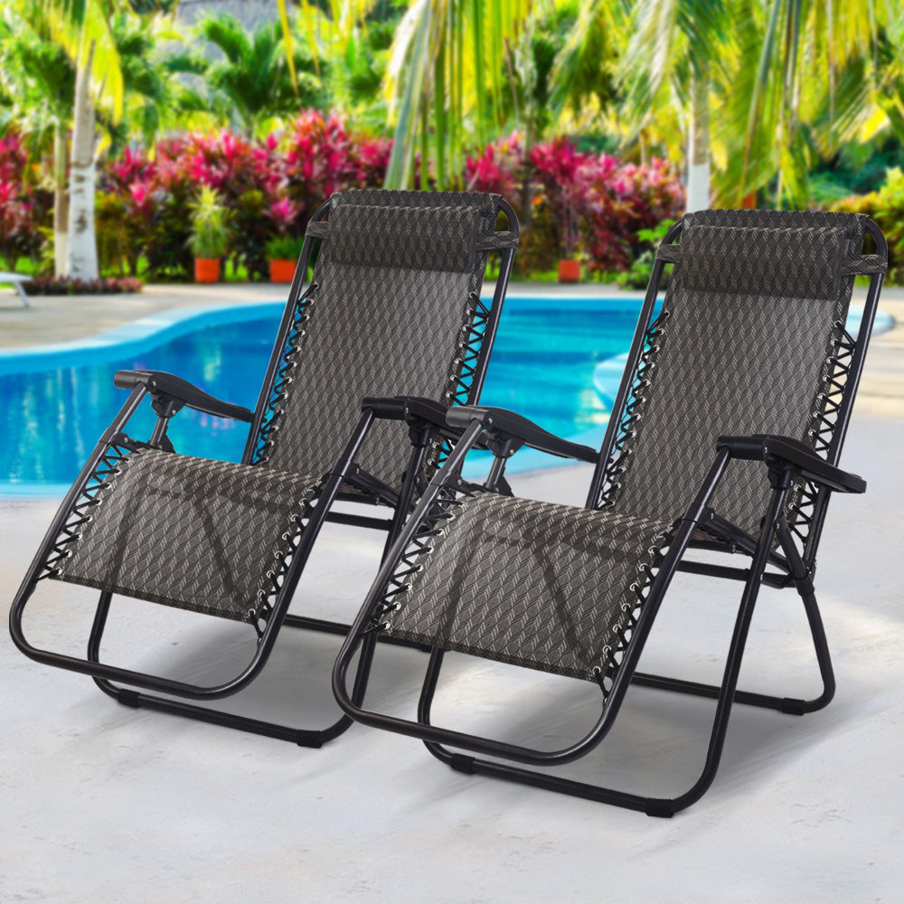 Set of 2 Zero Gravity Reclining Sun Lounge Sofa Chair - Grey Homecoze