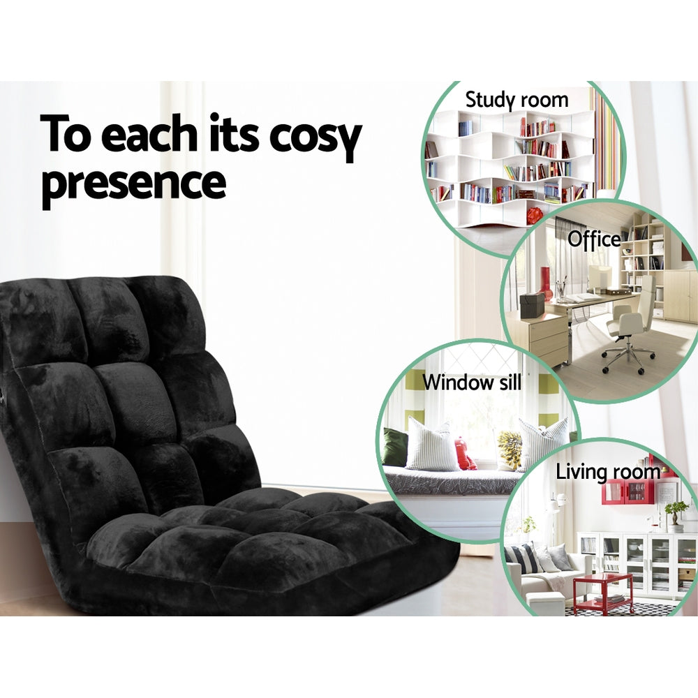 Single Seat Floor Sofa Adjustable Recliner Gaming Couch Bed Black Flannel Fabric Homecoze