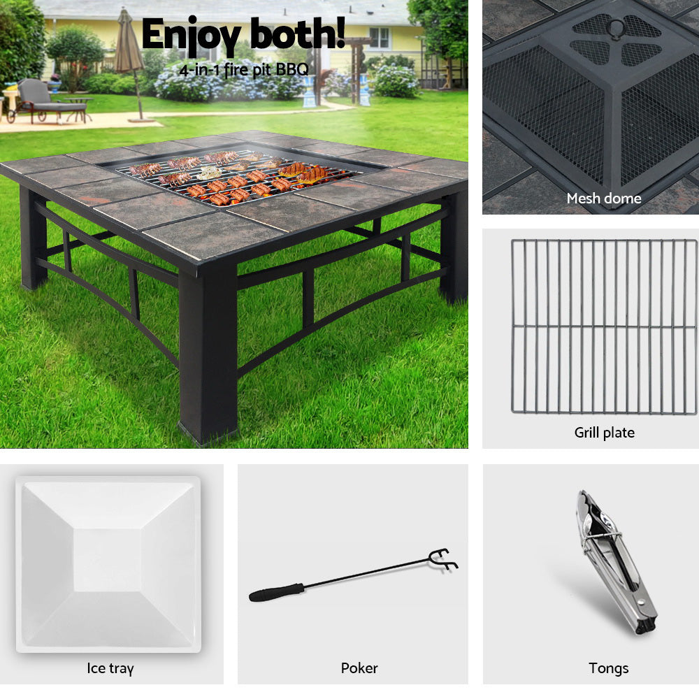 4-in-1 Multipurpose Fire Pit BBQ Grill Table with Ice Bucket Tray - 81 x 81cm Homecoze
