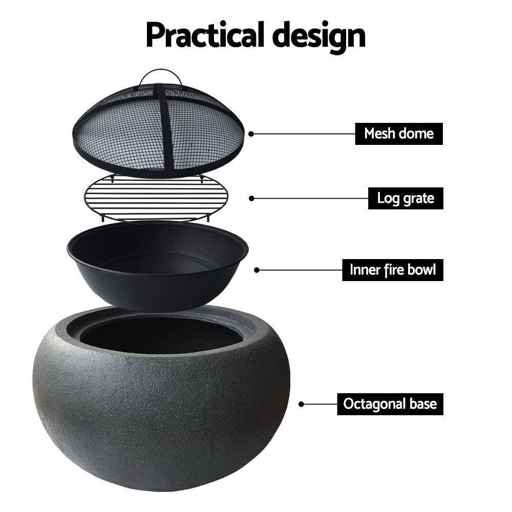 Modern Fire Pit (61cm) Cement Style with Steel Bowl - Homecoze