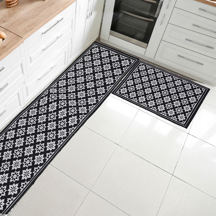 Set of 2 Small Kitchen & Hallway Area Mat Set - Black & White Homecoze