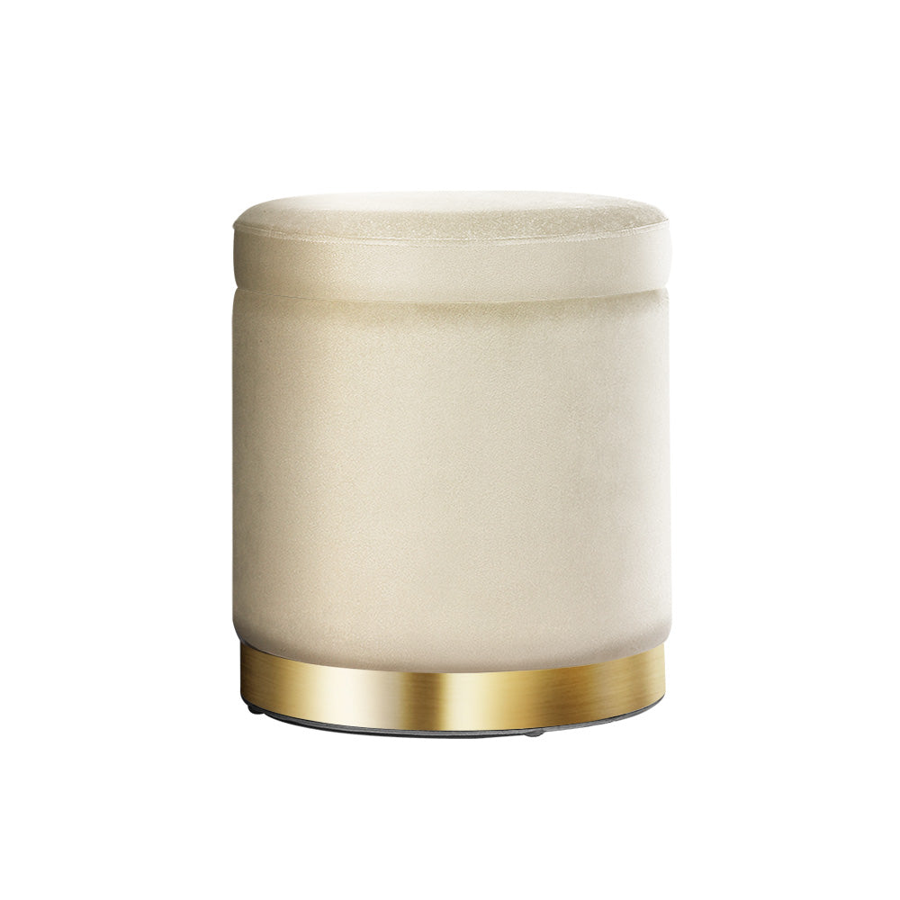 Round Velvet Storage Ottoman Pouffe Seat Footstool Cream - Homecoze