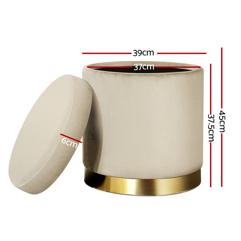 Round Velvet Storage Ottoman Pouffe Seat Footstool Cream - Homecoze