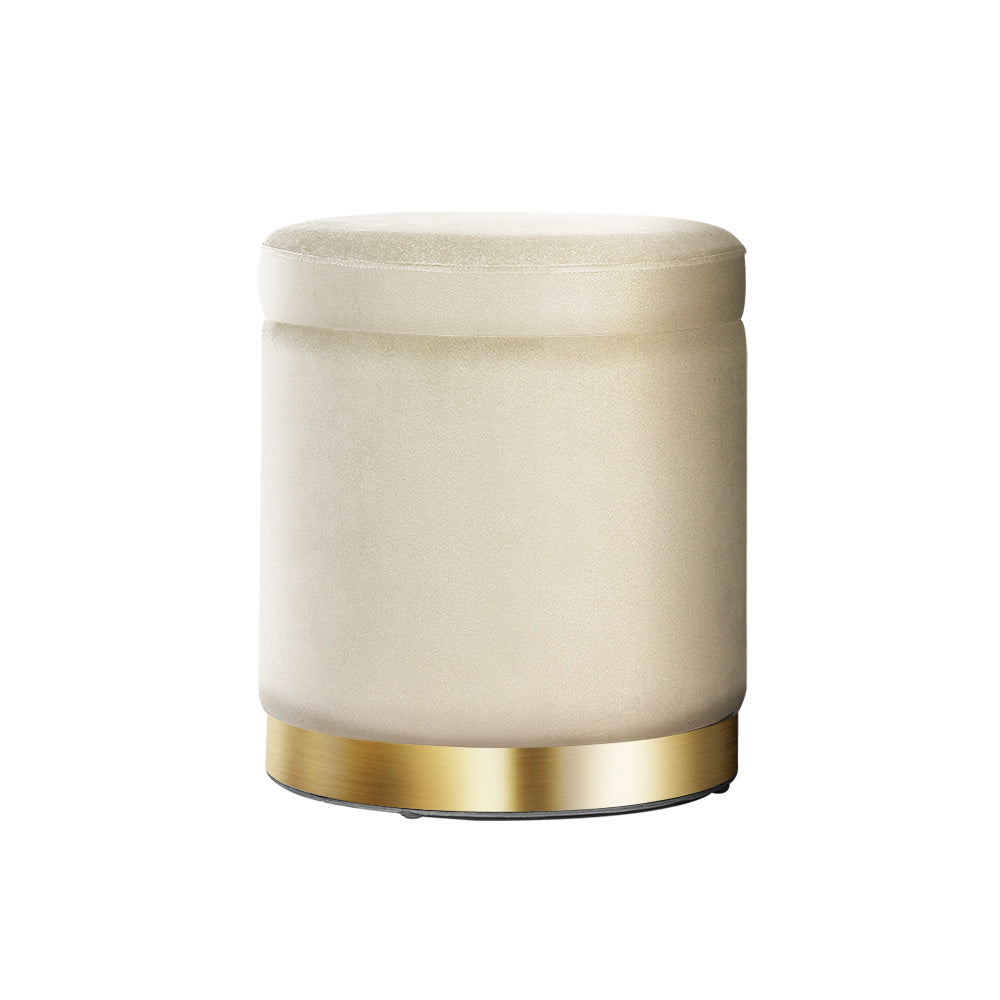 Round Velvet Storage Ottoman Pouffe Seat Footstool Cream - Homecoze
