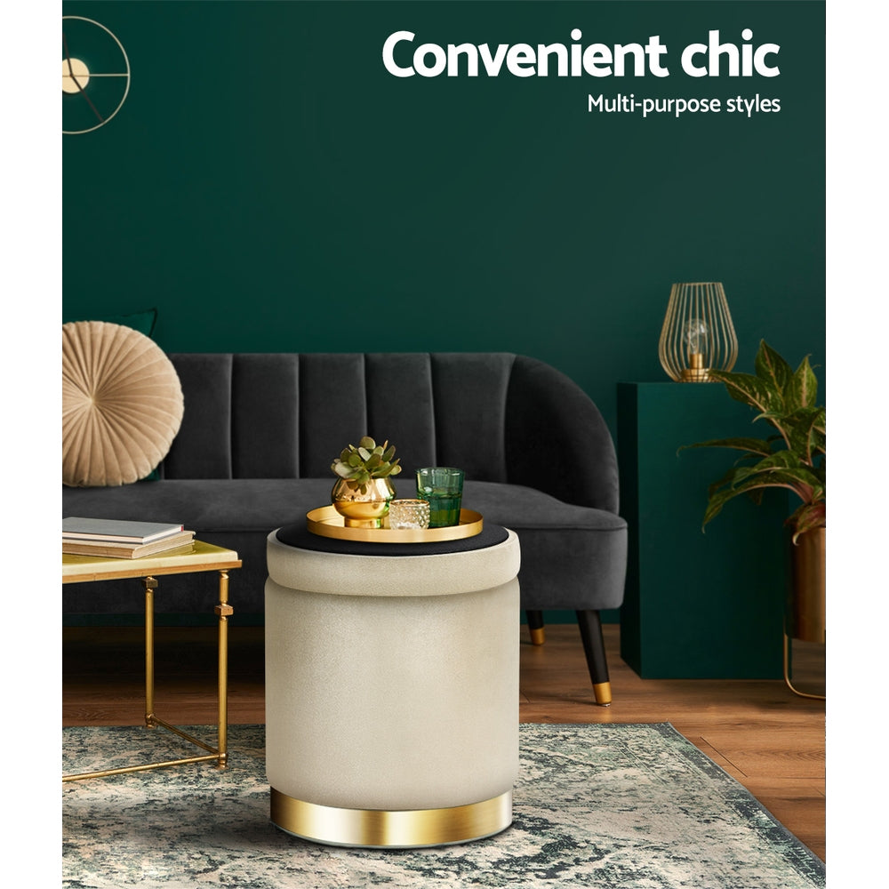 Round Velvet Storage Ottoman Pouffe Seat Footstool Cream - Homecoze