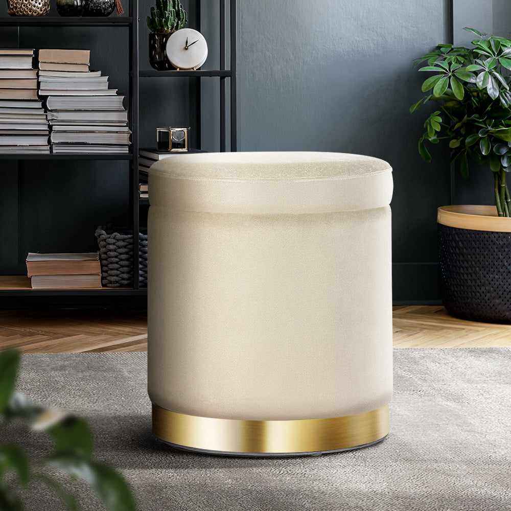 Round Velvet Storage Ottoman Pouffe Seat Footstool Cream - Homecoze