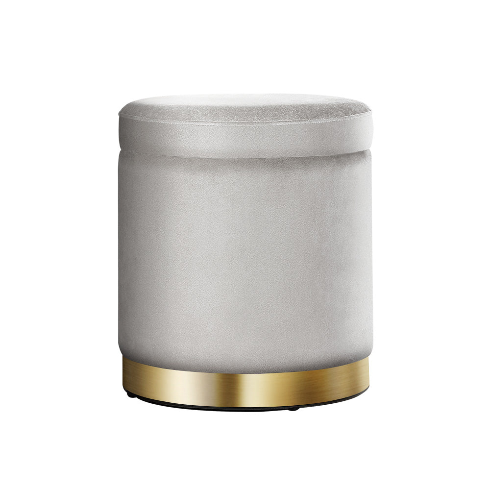 Round Velvet Storage Ottoman Pouffe Seat Footstool Grey - Homecoze