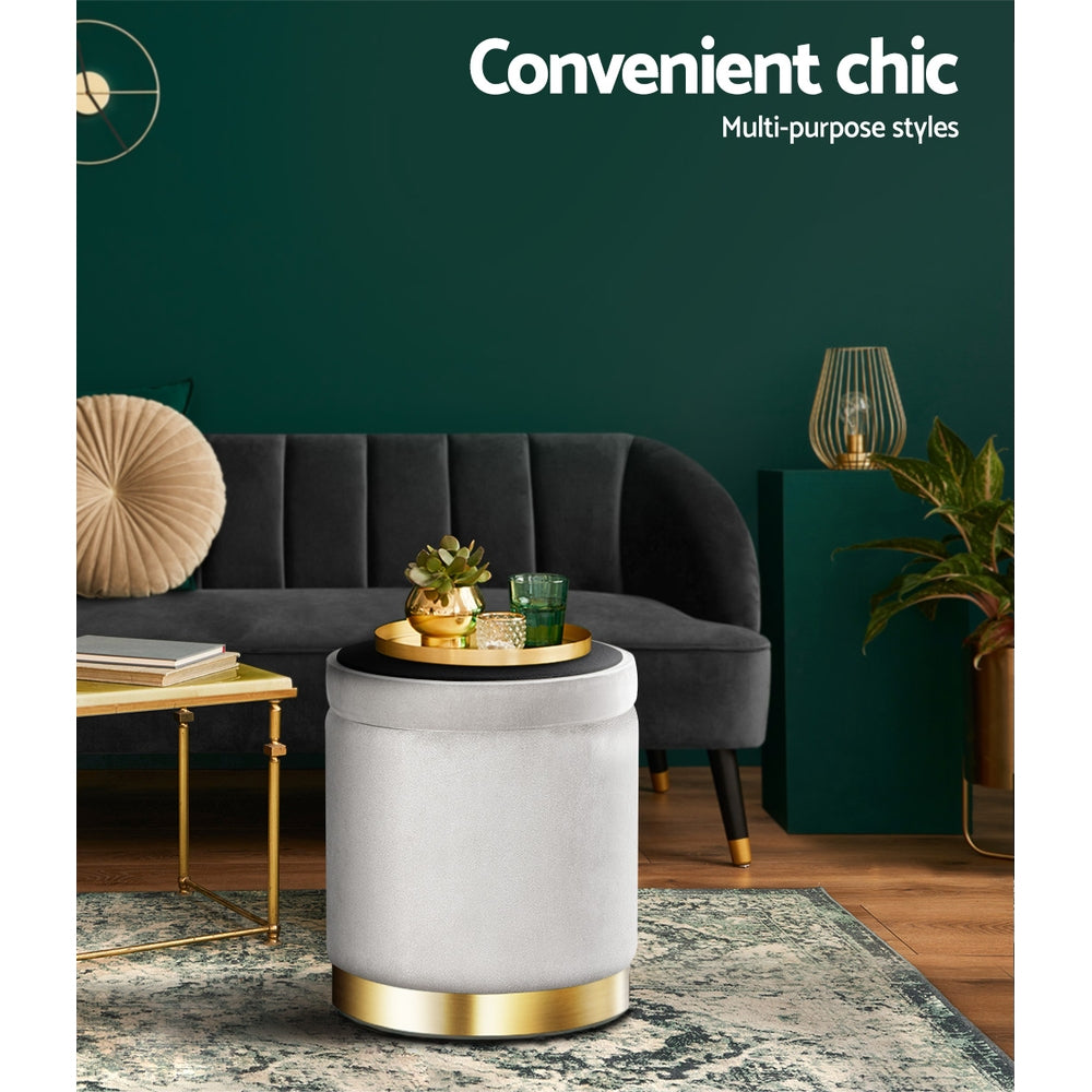Round Velvet Storage Ottoman Pouffe Seat Footstool Grey - Homecoze