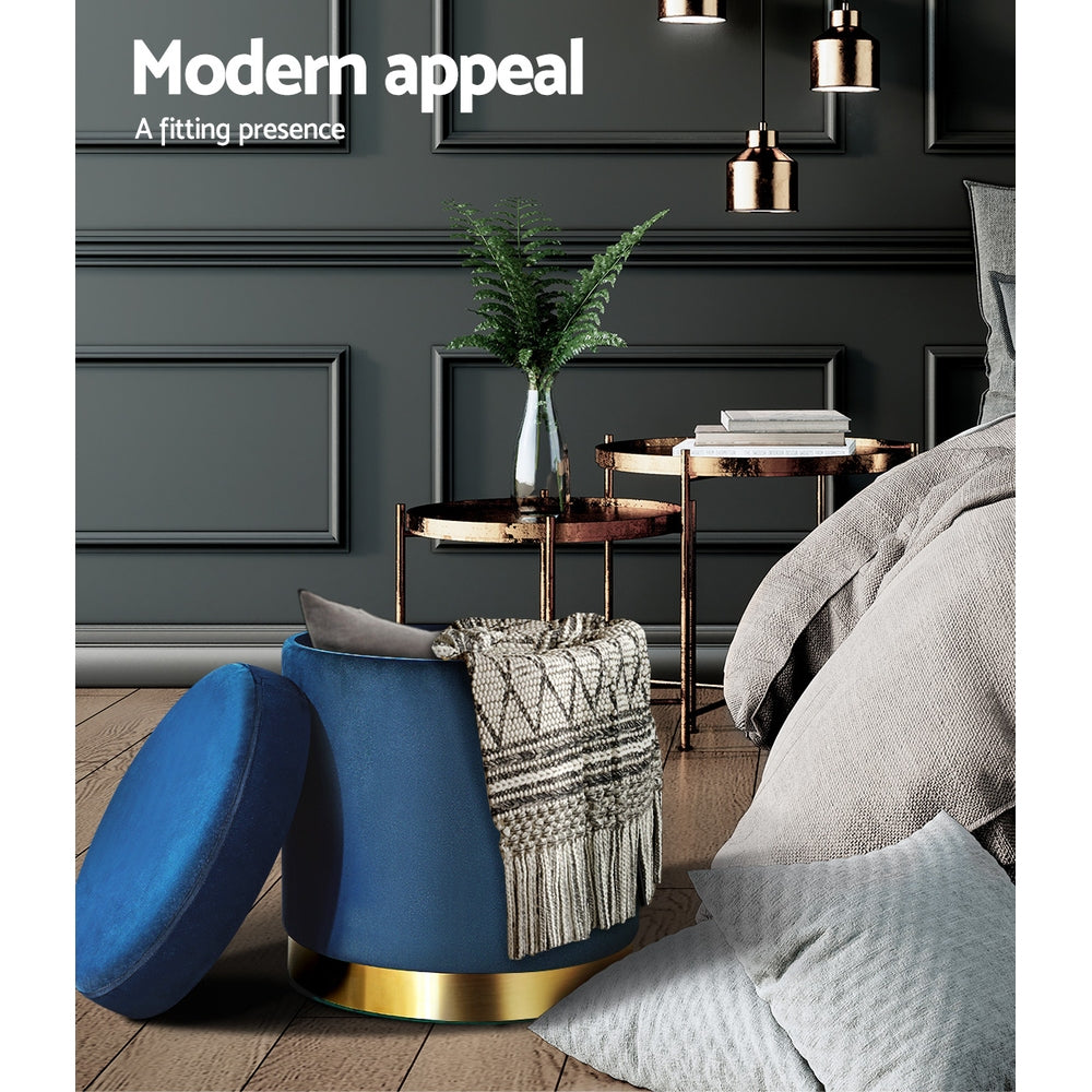 Round Velvet Storage Ottoman Pouffe Seat Footstool Navy - Homecoze