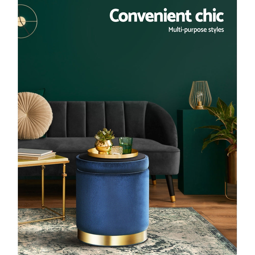 Round Velvet Storage Ottoman Pouffe Seat Footstool Navy - Homecoze