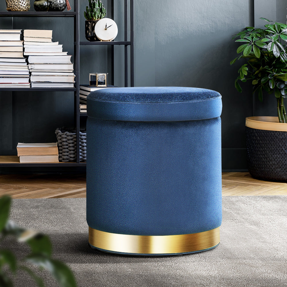 Round Velvet Storage Ottoman Pouffe Seat Footstool Navy - Homecoze