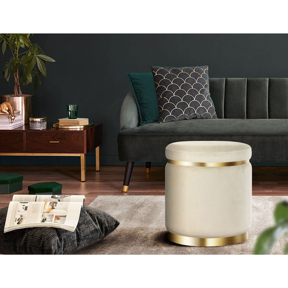 Round Velvet Ottoman Pouf Padded Seat Footstool Cream - Homecoze
