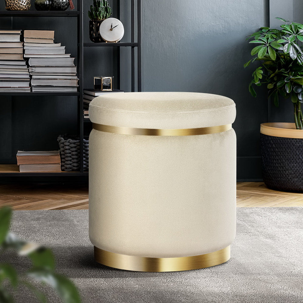 Round Velvet Ottoman Pouf Padded Seat Footstool Cream - Homecoze