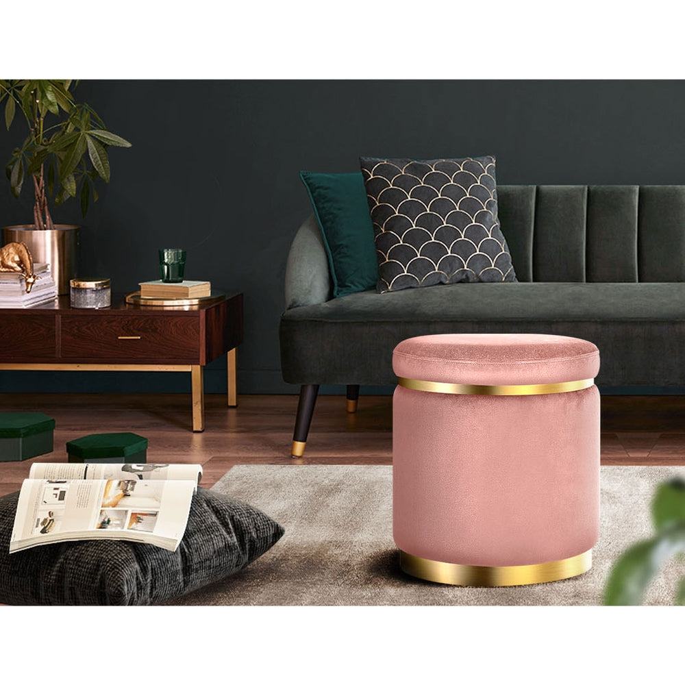 Round Velvet Ottoman Pouffe Padded Seat Footstool Pink - Homecoze