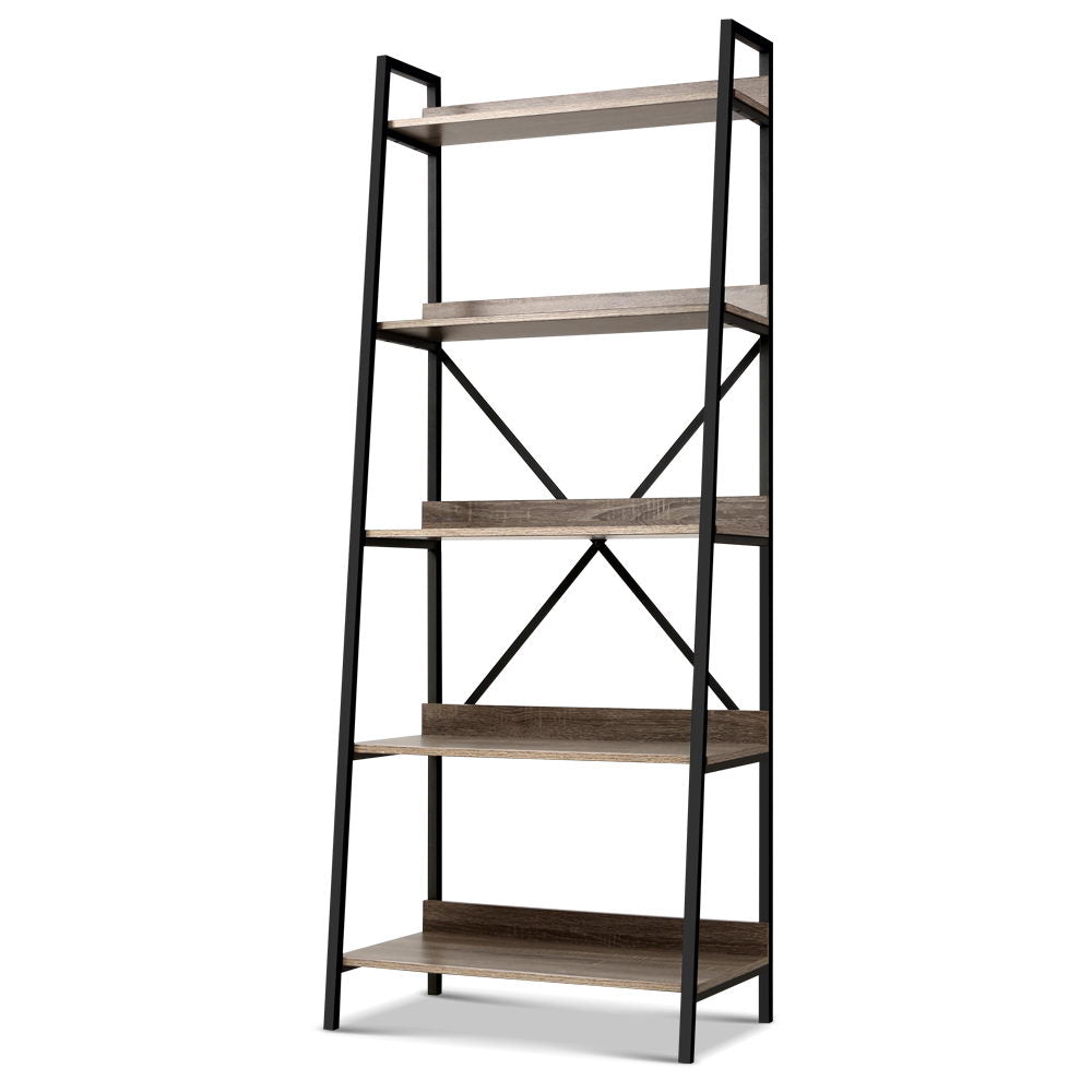 5 Tier 151cm Angled Metal & Wood Bookshelf Display Shelves - Black & Wood - Homecoze