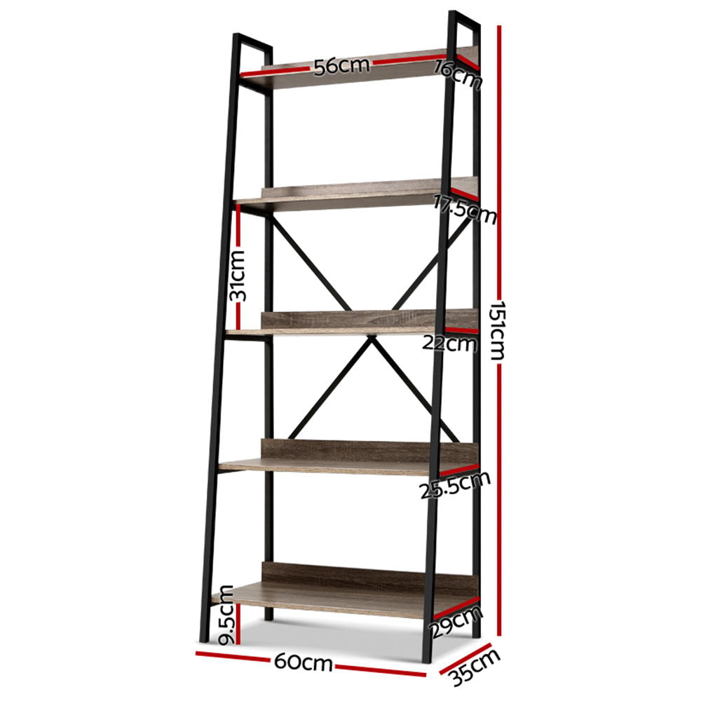5 Tier 151cm Angled Metal & Wood Bookshelf Display Shelves - Black & Wood - Homecoze
