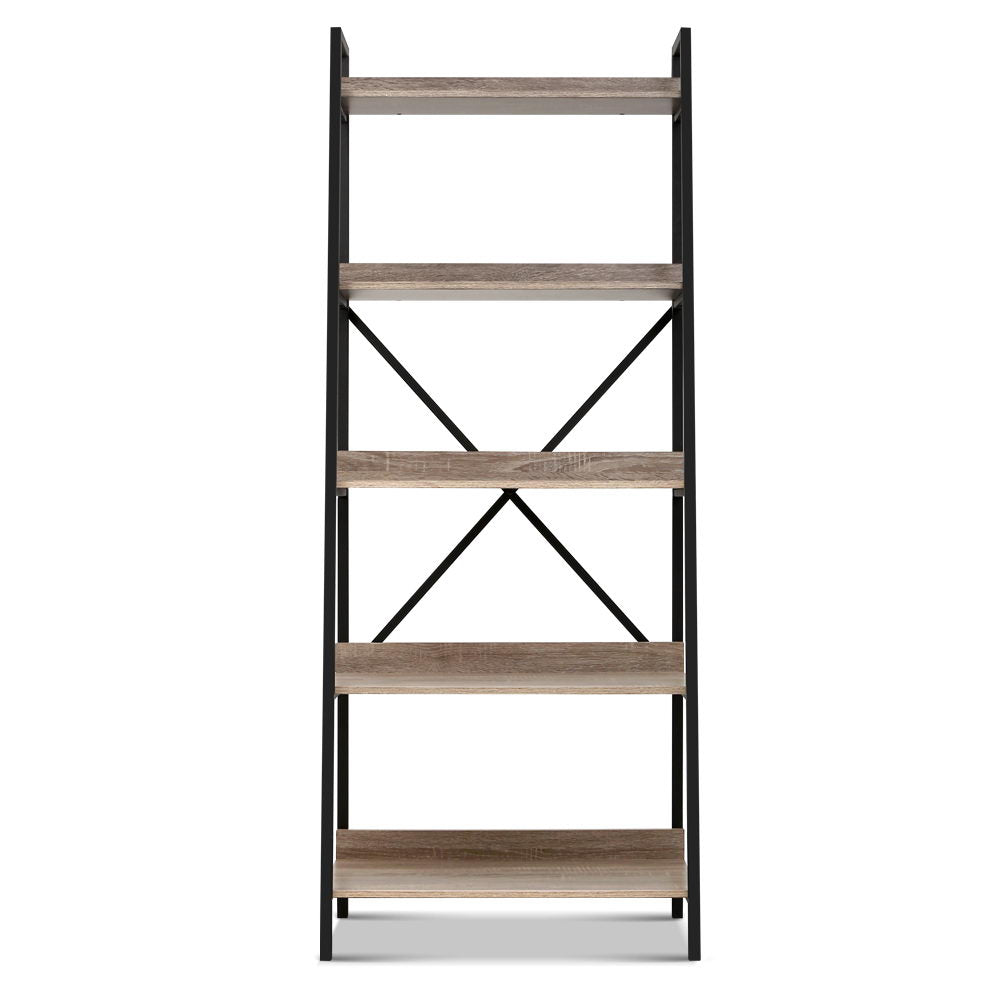 5 Tier 151cm Angled Metal & Wood Bookshelf Display Shelves - Black & Wood - Homecoze