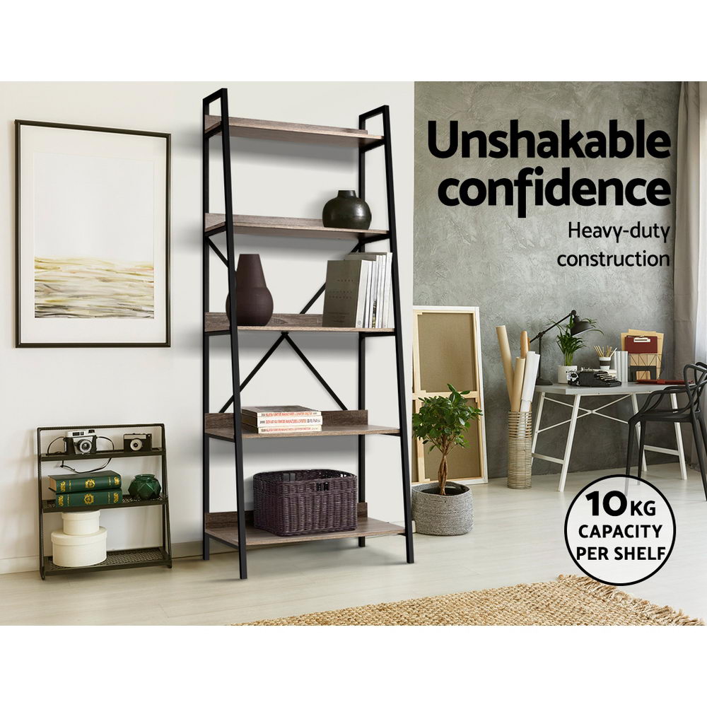 5 Tier 151cm Angled Metal & Wood Bookshelf Display Shelves - Black & Wood - Homecoze