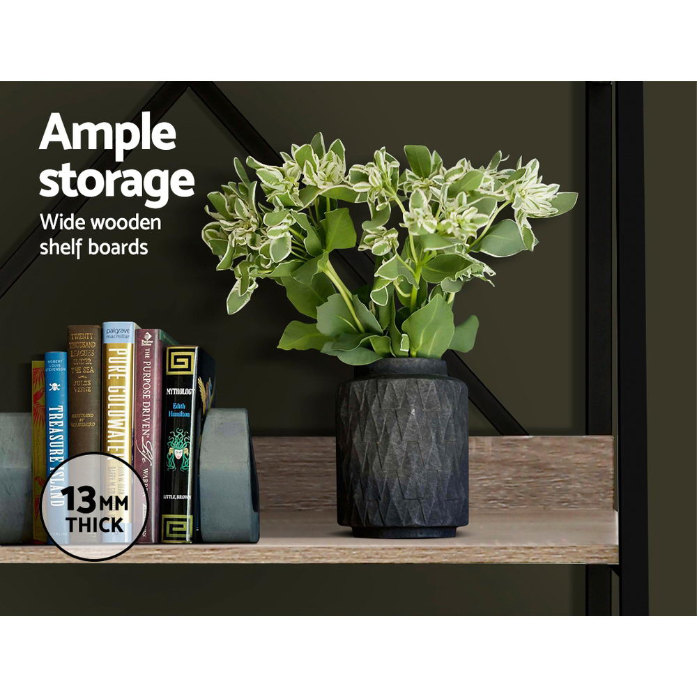 5 Tier 151cm Angled Metal & Wood Bookshelf Display Shelves - Black & Wood - Homecoze