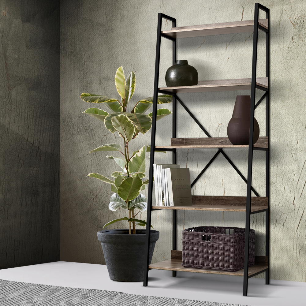 5 Tier 151cm Angled Metal & Wood Bookshelf Display Shelves - Black & Wood Homecoze