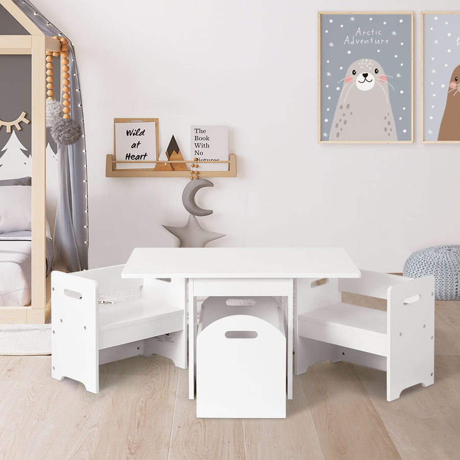 Kids Multi-function Table and Chair Activity Chest with Storage Box - White Homecoze