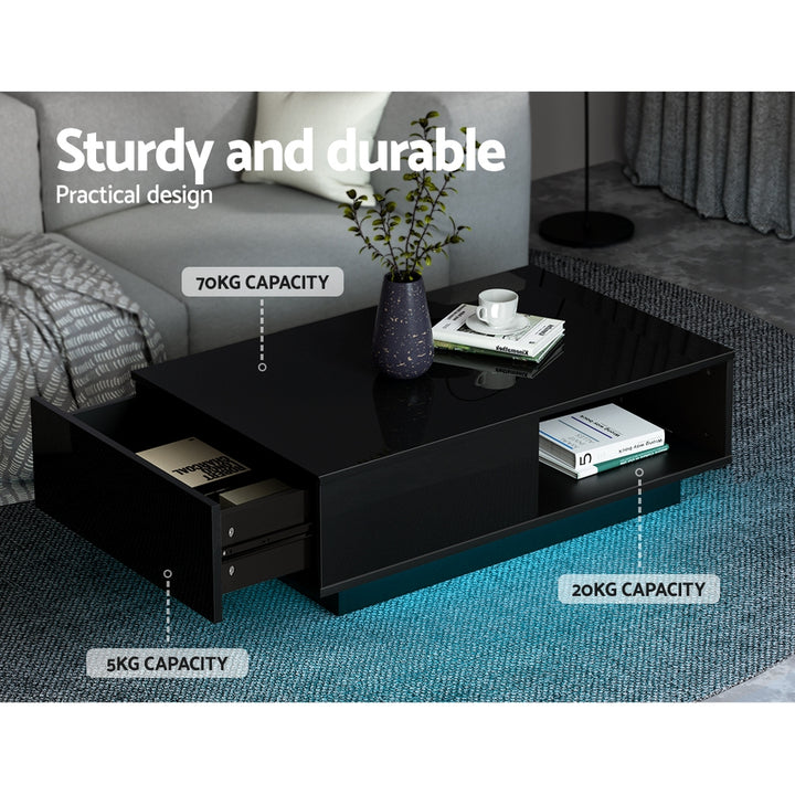 Modern LED Light High Gloss Coffee Table with Shelf & Storage Drawer - Black Homecoze