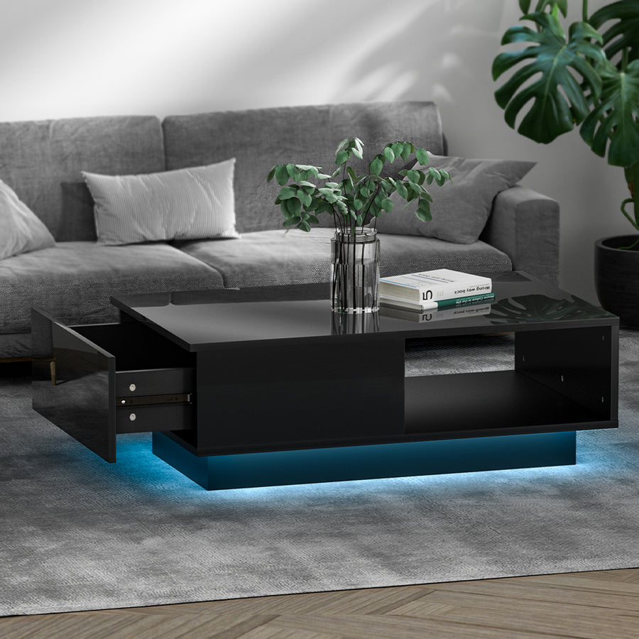 Modern LED Light High Gloss Coffee Table with Shelf & Storage Drawer - Black Homecoze