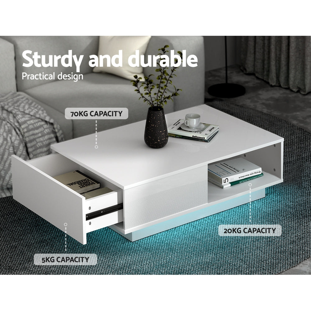 Modern LED Light High Gloss Coffee Table with Shelf & Storage Drawer - White Homecoze