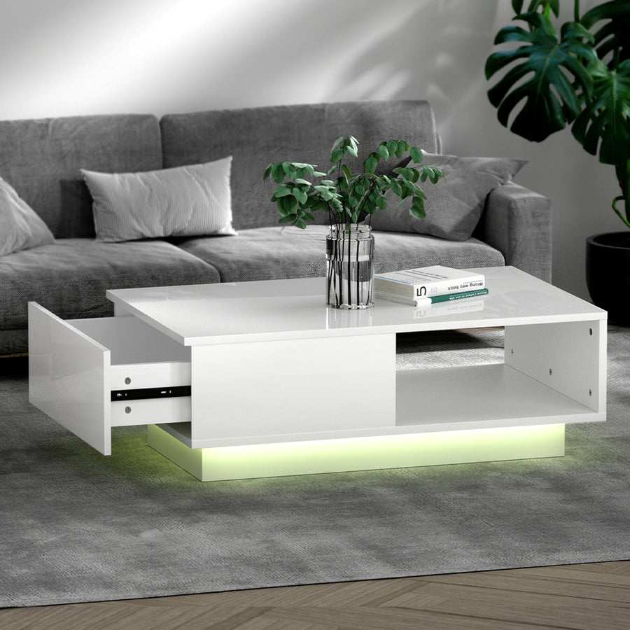 Modern LED Light High Gloss Coffee Table with Shelf & Storage Drawer - White Homecoze