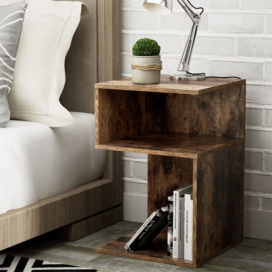 Contemporary S-Shaped Bed Side Table Nightstand - Rustic Oak Homecoze