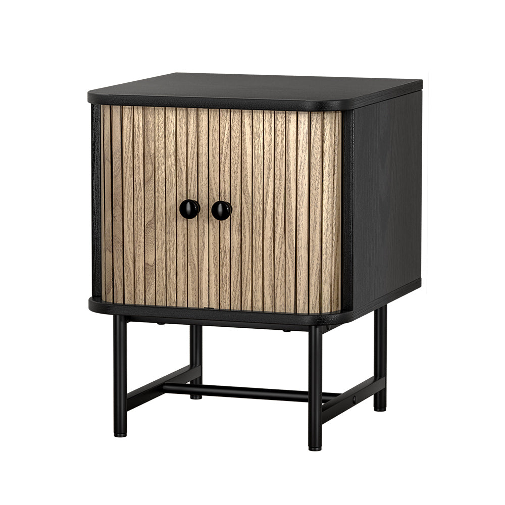 Modern Bed Side Table Nightstand with Fluted Sliding Doors - Black & Pine Homecoze
