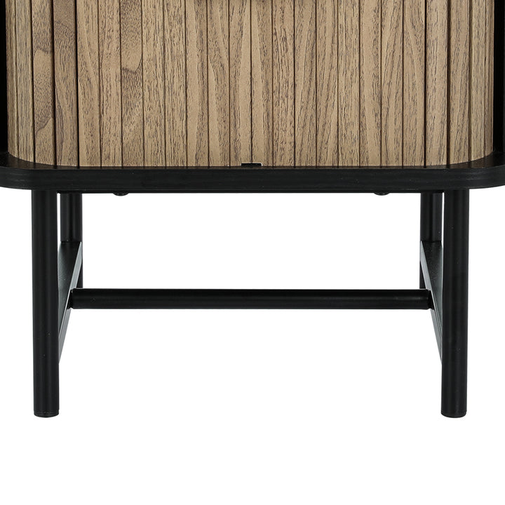 Modern Bed Side Table Nightstand with Fluted Sliding Doors - Black & Pine Homecoze