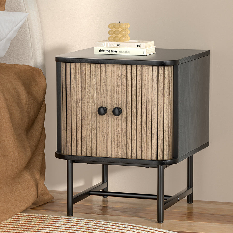 Modern Bed Side Table Nightstand with Fluted Sliding Doors - Black & Pine Homecoze