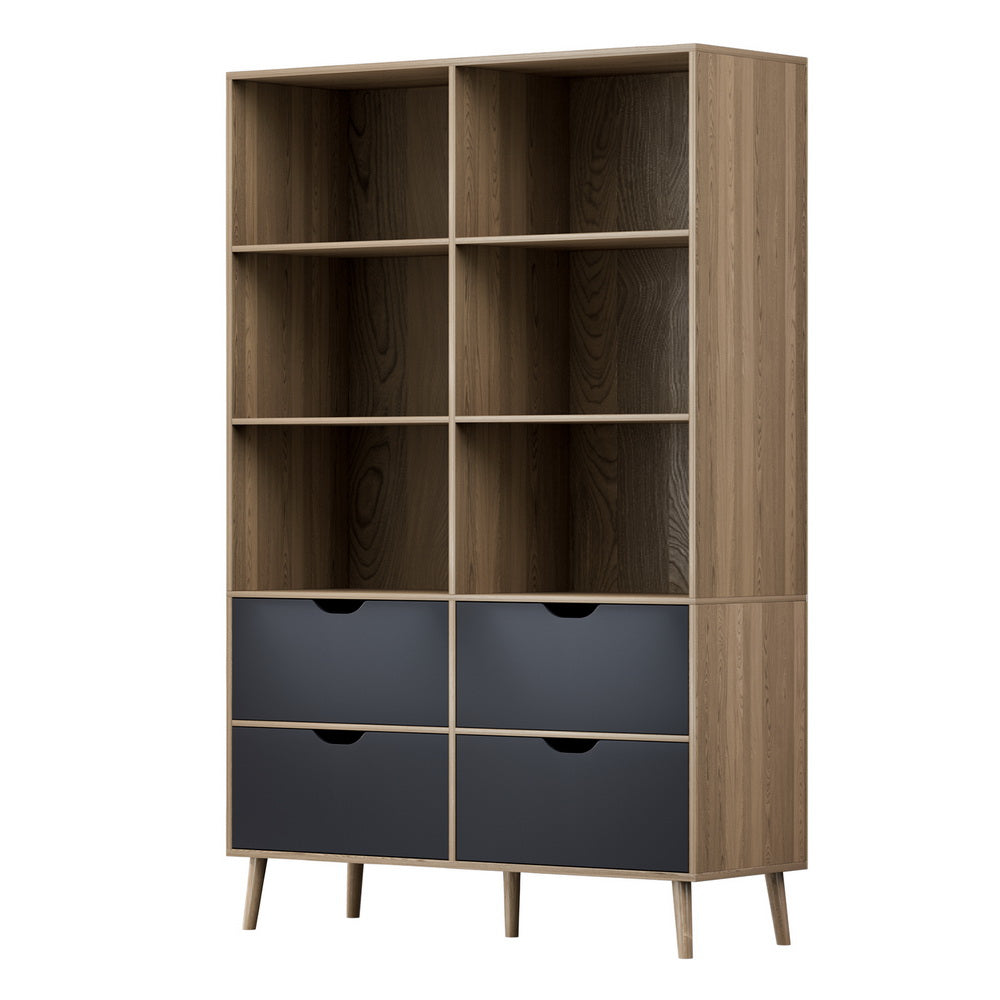 Modern 6 Shelf Display Bookshelf with 4 Drawers - Oak and Blue