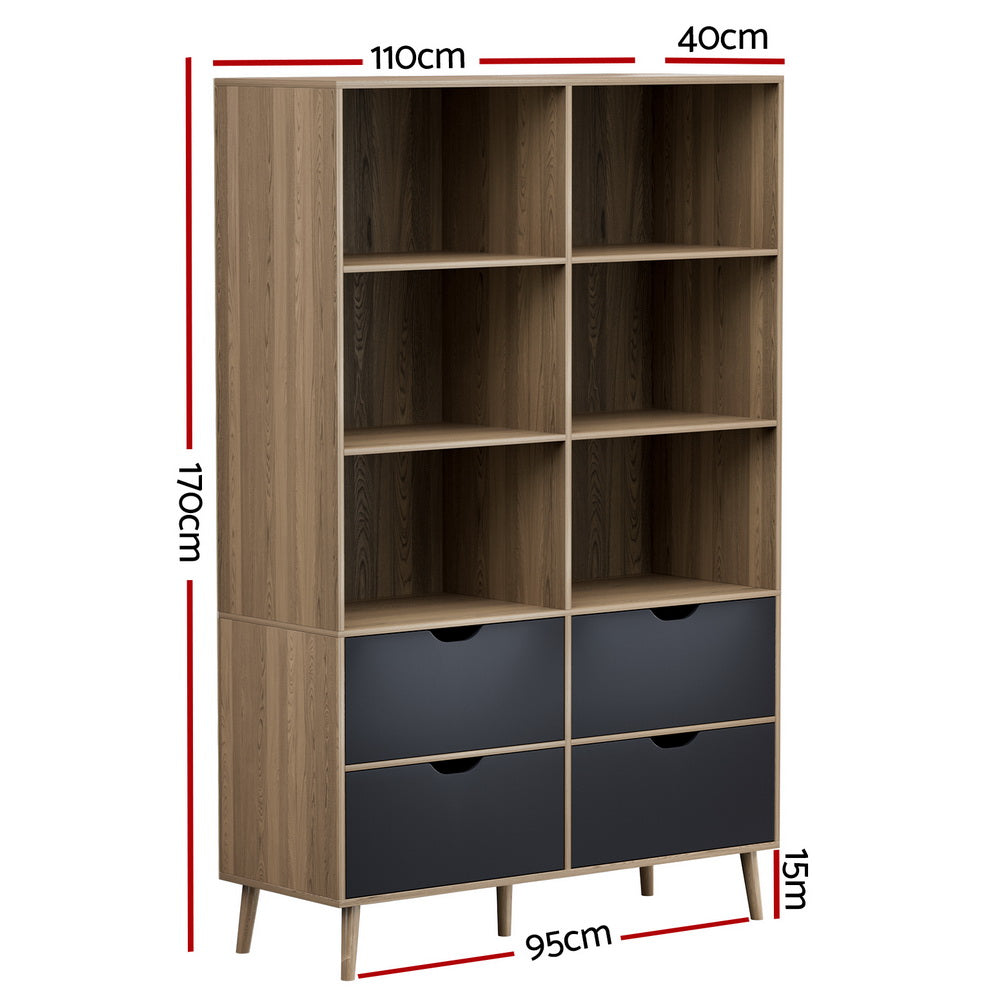 Modern 6 Shelf Display Bookshelf with 4 Drawers - Oak and Blue