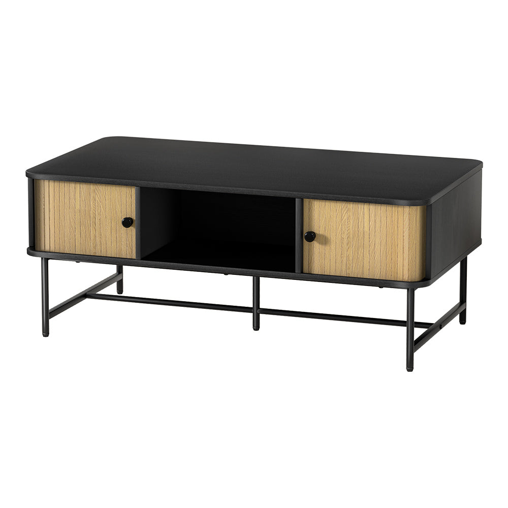 Modern Coffee Table with Fluted Sliding Doors - Black & Pine Homecoze