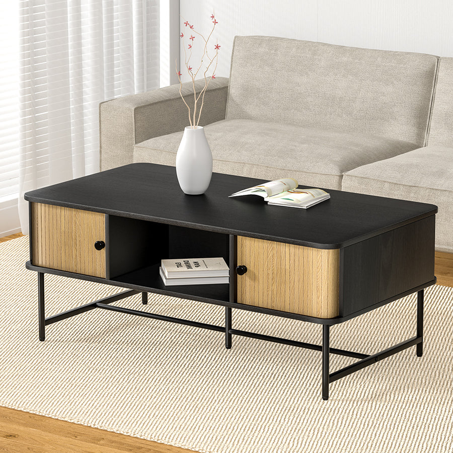 Modern Coffee Table with Fluted Sliding Doors - Black & Pine Homecoze