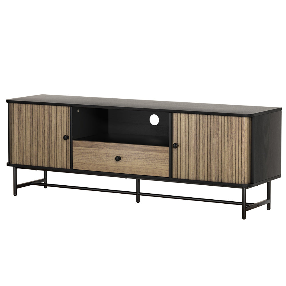 Modern Entertainment Unit with Fluted Sliding Doors 150cm - Black & Pine Homecoze