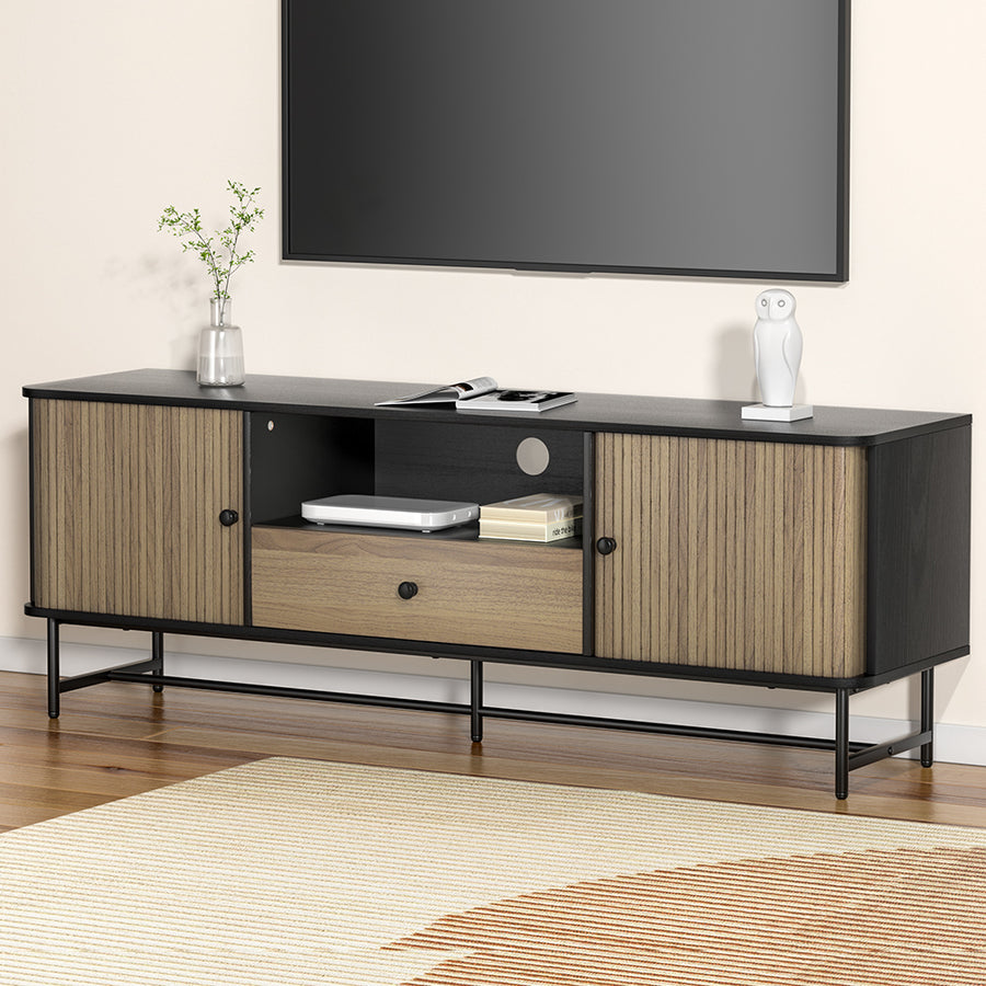 Modern Entertainment Unit with Fluted Sliding Doors 150cm - Black & Pine Homecoze