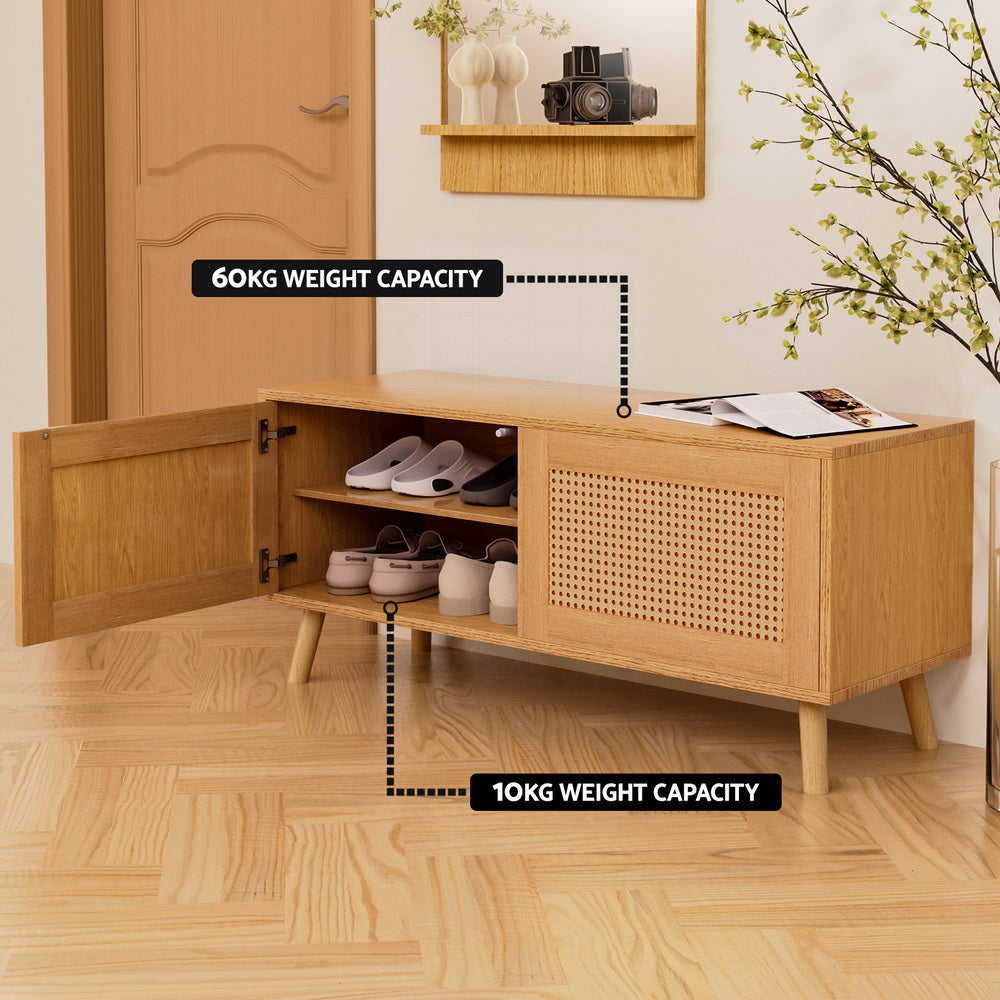 Shoe Storage Cabinet Faux Rattan Style - Pine - Homecoze