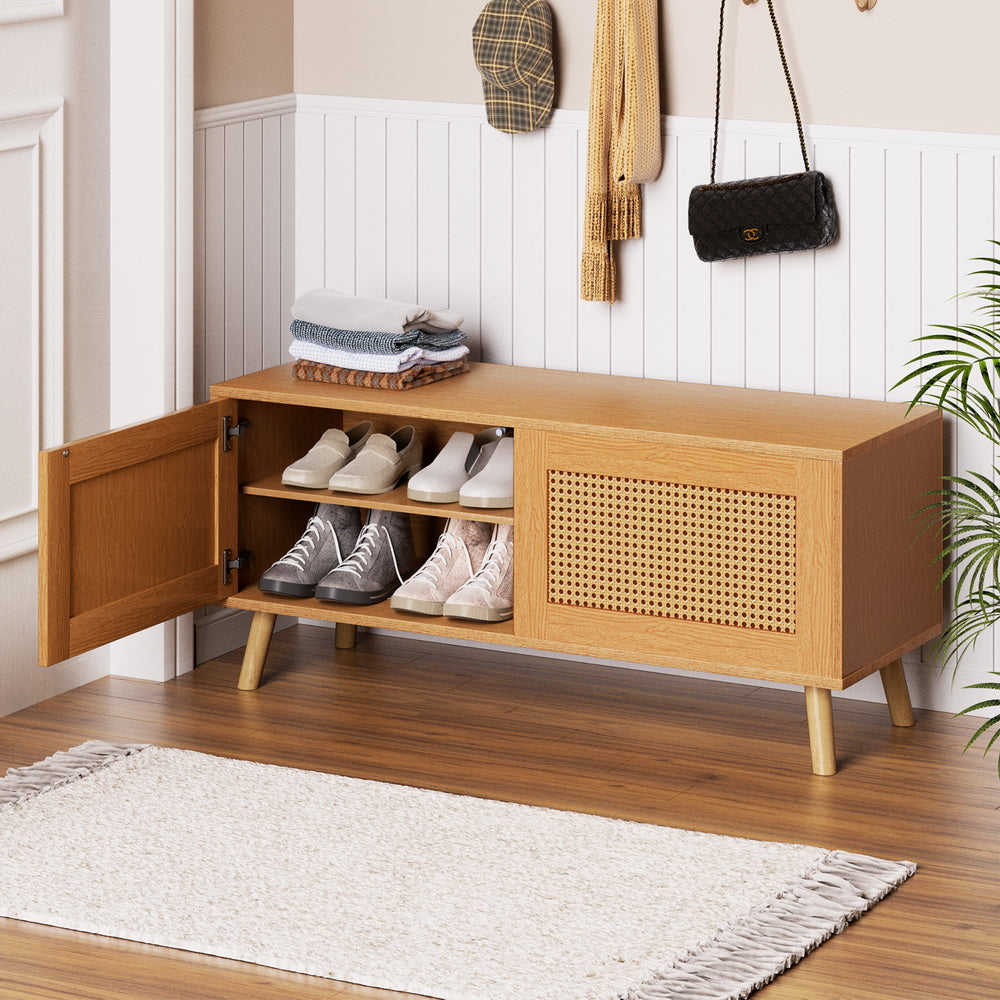 Shoe Storage Cabinet Faux Rattan Style - Pine - Homecoze