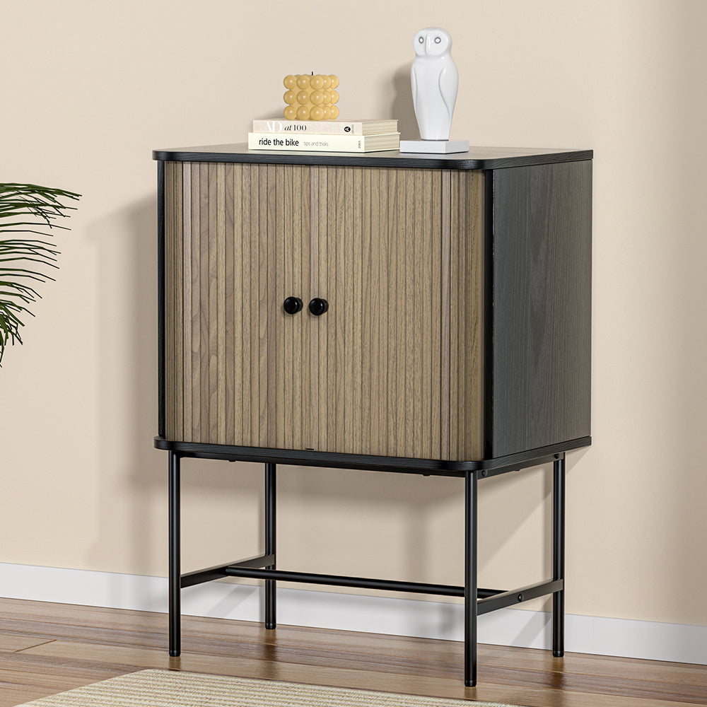 Mini Buffet Sideboard Cupboard with Fluted Sliding Doors - Black & Pine