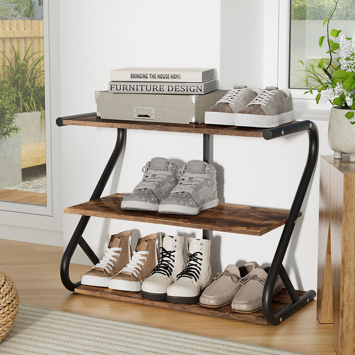 Modern Rustic Shoe Rack 3 Tier Storage Organiser - Black Homecoze