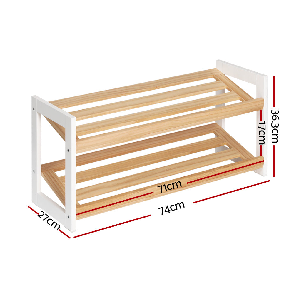 2 Tier Tilted Wooden Shoe Stand Organizer Shelf up to 6 Pairs Pine White Homecoze